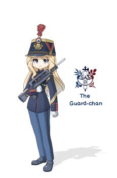 Rule 34 | 1girl, assault rifle, bayonet, blonde hair, blue eyes, blue jacket, blue pants, bullpup, character name, closed mouth, cockade, commentary, emblem, english commentary, english text, epaulettes, famas, fasces (object), feathers, france, french army, full body, gloves, gold buttons, gold trim, gun, hat, hat ornament, highres, holding, holding gun, holding weapon, invisible floor, jacket, leochan1202, long hair, long sleeves, looking at viewer, military hat, military uniform, original, pants, plume, real life, red feathers, red trim, republican guard (france), rifle, shadow, shako cap, shoes, simple background, smile, soldier, solo, standing, wavy hair, weapon, white background, white gloves