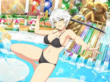 1girl banner bikini black_bikini blush breasts chair cleavage collarbone deck_chair elephant elephant_statue emblem folding_chair front-tie_bikini_top front-tie_top gluteal_fold groin highres holding holding_sword holding_weapon katana large_breasts linea_alba looking_at_viewer lounge_chair miyabi_(senran_kagura) navel official_art open_mouth palm_tree pinstripe_pattern pool poolside senran_kagura senran_kagura_new_link senran_kagura_shinovi_versus short_hair slit_pupils smile solo stairs striped_bikini striped_clothes swimsuit sword table tree two-tone_umbrella umbrella underboob unsheathed vertical-striped_bikini vertical-striped_clothes water water_drop water_slide waterfall waterpark weapon white_hair yaegashi_nan yellow_eyes