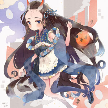 1girl apron bare_shoulders black_sandals blue_eyes blue_kimono blue_ribbon blue_shawl blue_thighhighs blush brown_hair closed_mouth commentary_request dated foot_out_of_frame frilled_apron frilled_kimono frills hair_ribbon highres horns japanese_clothes kimono long_hair looking_at_viewer okobo original platform_sandals ribbon sandals shawl signature single_thighhigh skin-covered_horns sleeveless sleeveless_kimono solo tabi thighhighs tsunoju waist_apron white_apron