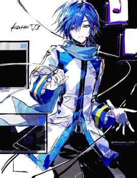 1boy belt black_background black_pants blue_eyes blue_hair blue_nails blue_scarf cable character_name earpiece floating_clothes grin hair_between_eyes hanaseto highres icon_(computing) jacket kaito_(vocaloid) looking_at_viewer male_focus outstretched_hand pants scarf short_hair smile solo twitter_username two-tone_background vocaloid white_background white_jacket wind window_(computing)