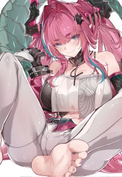 Rule 34 | 1girl, aqua hair, arknights, arknights: endfield, armpit crease, bare shoulders, black gloves, black horns, blue eyes, blush, breasts, closed mouth, collarbone, commentary, cone hair bun, controller, detached sleeves, double bun, feet, game controller, gloves, green tail, hair bun, hair intakes, hair ornament, hairclip, highres, holding, holding controller, holding game controller, horns, large breasts, long hair, long sleeves, looking at viewer, multicolored hair, multicolored horns, navel, pants, pink hair, pink horns, pink sleeves, pointy ears, simple background, sitting, smile, solo, stomach, streaked hair, thighs, twintails, two-tone hair, two-tone horns, ura illust, white background, white pants, yvonne (arknights)