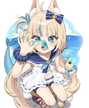 +_+ 1girl :o absurdres ahoge animal_ear_fluff animal_ears blonde_hair blue_bow blue_eyes blue_nails blue_sailor_collar blue_streaks blunt_bangs blush bow brown_sandals cat_ears collarbone commentary ddungddang dress feet fins fish_tail frilled_sailor_collar frills full_body hair_bow highres holding indie_virtual_youtuber korean_commentary lifebuoy_hair_ornament long_hair low_twintails multicolored_hair nail_polish navel one_side_up open_clothes open_dress open_mouth sailor_collar sameko_saba sandals shark shark_girl shark_tail shorts sitting sleeveless sleeveless_dress solo sparkle streaked_hair tail toenail_polish toenails toes twintails virtual_youtuber white_dress white_shorts