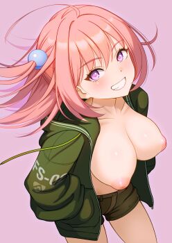 1girl :d absurdres ahoge blush breasts brown_shorts cleavage collarbone commentary_request cowboy_shot eyelashes floating_hair from_above green_jacket grin hair_between_eyes hair_bobbles hair_ornament hands_in_pockets highres hood hood_down hooded_jacket jacket large_breasts long_hair looking_at_viewer minamoto_natsuki nipples no_bra nukigee_mitai_na_shima_ni_sunderu_watashi_wa_dou_surya_ii_desu_ka? one_side_up open_clothes open_jacket open_mouth pink_background pink_hair purple_eyes purple_pupils short_shorts shorts sidelocks simple_background skindentation smile solo susuko_(nukitashi) v-shaped_eyebrows