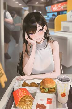 1girl bare_shoulders black_hair blurry blurry_background blush breasts burger cheese chicken_nuggets commentary cup disposable_cup drinking_straw earrings english_commentary fast_food food food_wrapper french_fries grin hand_on_own_cheek hand_on_own_face head_tilt highres holding holding_tray hoop_earrings indoors jewelry ketchup large_breasts lettuce long_hair looking_at_viewer meat necklace original parted_bangs pov purple_eyes restaurant rucarachi shirt sitting sleeveless sleeveless_shirt smile solo_focus tray white_shirt