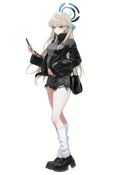 1girl 4meart0112 absurdres alternate_costume bag black_bag black_jacket black_shoes black_shorts blonde_hair blue_archive blue_bow blue_eyes blue_halo blush bow braid breasts cellphone closed_mouth commentary cropped_shirt from_side grey_shirt hair_bow half_up_braid halo hand_in_pocket high_heels highres holding holding_bag holding_phone jacket large_breasts leather leather_jacket leg_warmers long_hair looking_at_viewer navel phone shirt shoes short_shorts shorts smartphone smile solo toki_(blue_archive) white_leg_warmers
