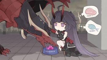 1girl ahoge artist_request benares_(honkai_impact) bowl chibi chibi_only commentary_request dragon fish food highres honkai_(series) honkai_impact_3rd horns kurikara_(honkai_impact) long_hair meat official_art pet_bowl purple_hair raiden_mei raiden_mei_(herrscher_of_thunder) second-party_source speech_bubble sweatdrop thought_bubble