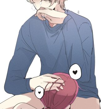 1boy 1girl arima_kana blonde_hair blue_skirt breath covering_own_mouth fellatio hand_on_another&#039;s_head hand_over_own_mouth heart highres hoshino_aquamarine long_sleeves no_pants oral oshi_no_ko ponytail red_hair risdelusions short_hair simple_background skirt speech_bubble spread_legs white_background