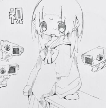 1girl bad_id bad_twitter_id bow bowtie commentary_request hatching_(texture) highres linear_hatching long_hair long_sleeves monochrome nervous_sweating nikamoka open_mouth original pleated_skirt sailor_collar security_camera sketch skirt solo sweat translation_request wide_sleeves