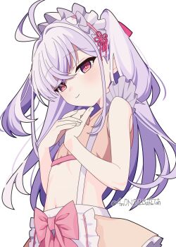 1girl 4rion absurdres apron blush commentary_request flat_chest hairband highres kotoyose_fumino lolita_hairband long_hair looking_at_viewer navel nukigee_mitai_na_shima_ni_sunderu_watashi_wa_dou_surya_ii_desu_ka? own_hands_together purple_hair red_eyes skirt smile solo