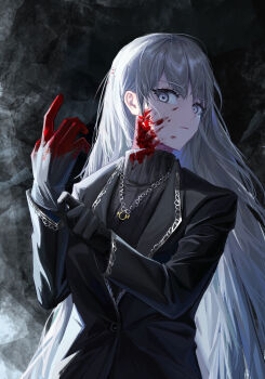 1girl absurdres adjusting_clothes adjusting_gloves angelica_(project_moon) black_gloves black_jacket black_sweater blood blood_on_face blood_on_hands blue_eyes chain chain_necklace closed_mouth ely_(elylyyyyyy) gloves highres jacket jewelry lapels library_of_ruina long_hair looking_at_viewer necklace project_moon ribbed_sweater ring ring_necklace silver_trim solo sweater very_long_hair white_hair
