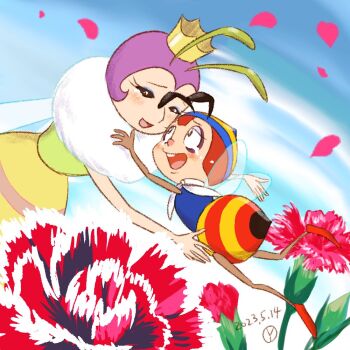 Rule 34 | 1boy, 1girl, antennae, arthropod boy, arthropod girl, bandana, bandana around neck, beanie, bee boy, bee girl, bee wings, black eyes, blue eyeshadow, blue shirt, blush, brown hair, buck teeth, carnation, closed eyes, commentary request, crown, dated, eyeshadow, flower, flying, fur collar, green shirt, hacchi (minashigo hutch), happy, happy tears, hat, imminent hug, insect girl, insect wings, konchuu monogatari minashigo hutch, makeup, mama (minashigo hutch), mother's day, mother and daughter, open mouth, purple hair, queen bee, reaching, reaching towards another, red flower, red petals, red shoes, sakai yume, shirt, shoes, short hair, signature, skirt, smile, stinger, striped clothes, striped headwear, tears, teeth, transparent wings, white bandana, wings, yellow skirt