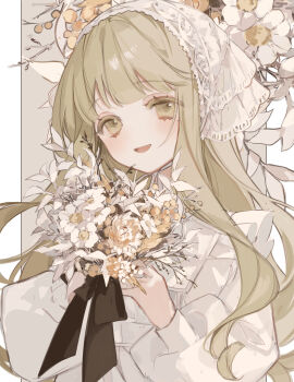 1girl absurdres blush border bouquet brown_background brown_eyes brown_hair collar colored_eyelashes commentary dress flower frilled_collar frills highres holding holding_bouquet kerchief kyuumura long_hair looking_at_viewer no_nose open_mouth orange_flower original smile solo symbol-only_commentary upper_body white_background white_dress white_flower white_headwear