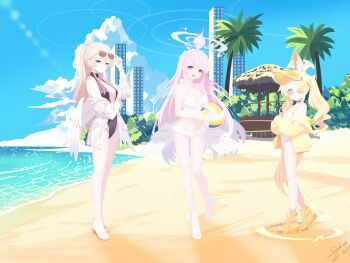 3girls :d above-cleavage_cutout absurdres adjusting_eyewear angel_wings animal_ear_fluff animal_ears aviator_sunglasses ball beach beach_volleyball beachball bikini black_one-piece_swimsuit blonde_hair blue_archive blush boots breasts brown-tinted_eyewear brown_sandals building choker cleavage clothing_cutout commentary_request cross_halo crossed_arms dated day earrings extra_ears eyewear_on_head feathered_wings feet floral_print_shirt fox_ears fox_girl fox_tail frilled_bikini frills from_side full_body gradient_halo hair_between_eyes halo hand_on_eyewear highleg highleg_one-piece_swimsuit highres holding holding_ball holding_beachball hut jacket jewelry large_breasts legs long_hair looking_at_viewer low_wings mika_(blue_archive) mika_(swimsuit)_(blue_archive) multicolored_halo multiple_girls nagisa_(blue_archive) nagisa_(swimsuit)_(blue_archive) navel off-shoulder_shirt off_shoulder official_alternate_costume official_alternate_hairstyle one-piece_swimsuit open_clothes open_mouth open_shirt orange-tinted_eyewear outdoors palm_tree pink_hair pink_halo ponytail sand sandals seia_(blue_archive) seia_(swimsuit)_(blue_archive) shirt shoes side_ponytail sideboob signature skyscraper smile sophine-twilight sunglasses swimsuit tail tea_party_(blue_archive) tinted_eyewear toes tree visor_cap volleyball_(object) white_bikini white_choker white_one-piece_swimsuit white_shirt white_shoes white_wings wing_ornament wings yellow_boots yellow_eyes yellow_halo yellow_jacket yellow_visor_cap
