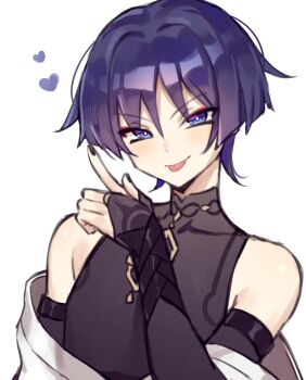 1boy :p armor armpit_crease bare_shoulders black_bodysuit black_bridal_gauntlets black_nails blunt_ends bodysuit bridal_gauntlets bright_pupils commentary covered_collarbone english_commentary eyeliner eyeshadow fingernails genshin_impact gold_ring heart highres index_finger_raised japanese_armor japanese_clothes kimono kote kurokote light_blush looking_at_viewer makeup male_focus mandarin_collar middle_ring moo_(moo_8986) off_shoulder portrait purple_eyes purple_hair red_eyeliner red_eyeshadow scaramouche_(genshin_impact) solo tongue tongue_out tsurime wanderer_(genshin_impact) white_background white_kimono white_pupils wispy_bangs