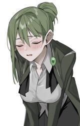 Rule 34 | 1girl, ascot, badge, black ascot, black pants, blush, breasts, button badge, closed eyes, collared shirt, commentary request, eyebrow cut, facing down, folded ponytail, formal, genderswap, genderswap (mtf), green hair, grey shirt, grey suit, hair between eyes, hair tie, highres, leaning forward, library of ruina, long bangs, long hair, long hair between eyes, long sleeves, medium breasts, mu46016419, netzach (project moon), open clothes, open collar, pants, parted lips, project moon, shirt, simple background, solo, suit, tongue, undone ascot, white background