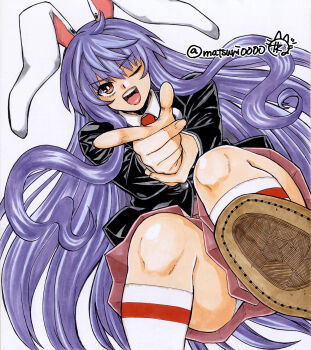 1girl absurdres animal_ear_piercing animal_ears black_jacket blazer brown_shoes commentary_request finger_gun fingernails floating_hair from_below highres holding_own_wrist jacket long_hair looking_at_viewer matsuri_kyuuta necktie one_eye_closed open_mouth panties panty_peek partial_commentary pink_skirt pleated_skirt pointing pointing_at_viewer purple_hair rabbit_ears rabbit_girl red_eyes red_necktie red_socks reisen_udongein_inaba shikishi shirt shoe_soles shoes simple_background single_horizontal_stripe skirt smile socks solo touhou traditional_media twitter_username underwear v-shaped_eyebrows very_long_hair white_background white_panties white_shirt white_socks