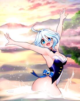 Rule 34 | 1girl, :d, ahoge, armpits, arms up, ass, bare arms, blue eyes, bow, breasts, choker, cleavage, cloud, commentary, english commentary, fang, fog, furina (genshin impact), genshin impact, heterochromia, highres, jaxdrawz, lake, looking at viewer, medium breasts, morning, mountainous horizon, multicolored swimsuit, one-piece swimsuit, open mouth, outstretched arms, partially submerged, reflection, reflective liquid, smile, solo, splashing, sunrise, swimming, swimsuit, synchronized swimming, thighs, tree, water, watermark, white hair