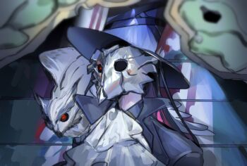 1boy ascot bird black_hair black_shirt blue_hat glowing glowing_eyes hat highres lapels limbus_company long_hair looking_up male_focus mask notched_lapels owl project_moon red_eyes sanson_(project_moon) shirt shoggoth_(sirens20211) top_hat white_ascot white_mask