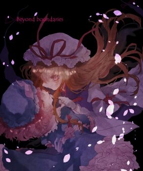 2girls black_background blonde_hair blue_hat blue_kimono closed_eyes closed_mouth commentary_request dress english_text finger_to_another&#039;s_mouth frilled_dress frilled_sleeves frills gloves hat hat_ribbon hug japanese_clothes kimono long_hair looking_at_another mob_cap multiple_girls one-hour_drawing_challenge petals pink_hair red_ribbon ribbon saigyouji_yuyuko shinjitsu_no_kuchi smile touhou upper_body white_dress white_gloves yakumo_yukari yellow_eyes