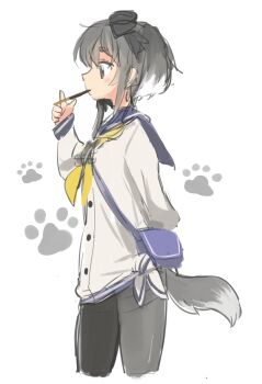 anchor arm_behind_back bag black_eyes black_hair black_pantyhose blue_sailor_collar commentary_request cropped_legs dog_tail dress_shirt food food_in_mouth from_side hair_between_eyes highres kantai_collection long_sleeves looking_ahead motohara_moka multicolored_hair neckerchief pantyhose paw_print paw_print_background pocky pocky_in_mouth sailor_collar shirt shoulder_bag sidelocks simple_background sketch standing streaked_hair tail thighband_pantyhose tied_shirt tokitsukaze_(kancolle) twintails white_background white_hair yellow_neckerchief