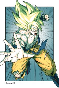 1boy abs absurdres border clenched_hand dragon_ball dragonball_z green_eyes highres horang4628 male_focus medium_hair motion_lines muscular muscular_male orange_pants pants simple_background solo son_goku speed_lines super_saiyan super_saiyan_1 topless_male torn_clothes torn_pants twitter_username white_border