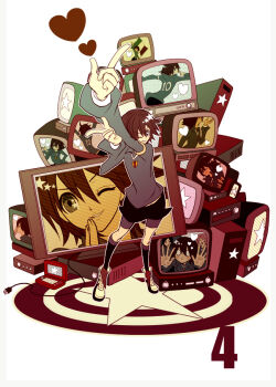 blue_eyes brown_hair fideo_aldena handheld_game_console heart inazuma_eleven inazuma_eleven_(series) italy male_focus nintendo_ds plug screen short_hair soccer_uniform sportswear star_(symbol) television wink