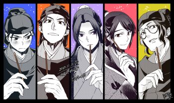 5boys absurdres black_border black_hat blush border brown_eyes bun_cover chinese_clothes commentary_request facial_scar food frown furrowed_brow glasses grey_eyes hair_bun hat highres holding holding_food holding_pocky jinshi_(kusuriya_no_hitorigoto) kusuriya_no_hitorigoto lahan_(kusuriya_no_hitorigoto) lihaku_(kusuriya_no_hitorigoto) lishu_(kusuriya_no_hitorigoto) male_focus multiple_boys parted_bangs parted_lips pocky purple_eyes rikuson_(kusuriya_no_hitorigoto) round_eyewear scar scar_on_cheek scar_on_face swept_bangs takehide teeth upper_body