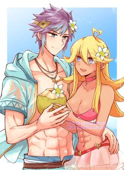 1boy 1girl abs ahoge alonemistrist alternate_costume bare_shoulders bikini bikini_skirt blonde_hair blue_eyes breasts cleavage couple female_kiran_(fire_emblem) fire_emblem fire_emblem_heroes gradient_hair heart heart_ahoge highres holding_hands hrid_(fire_emblem) hrid_(summer)_(fire_emblem) kiran_(fire_emblem) large_breasts multicolored_hair navel nintendo pink_bikini purple_hair red_bikini see-through_clothes see-through_skirt skirt star-shaped_hair stomach swimsuit tan
