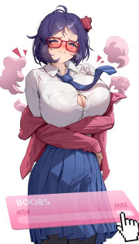 1girl absurdres alternate_breast_size_(larger) arms_under_breasts attribute_slider black_pantyhose blue_necktie blue_skirt blush breast_slider breasts cardigan claw_hair_clip cleavage closed_mouth embarrassed gameplay_mechanics glasses hair_ornament hairclip hand_cursor highres huge_breasts looking_at_viewer messy_hair mila_(miside) miside mita_(miside) necktie open_cardigan open_clothes pantyhose papero pleated_skirt purple_eyes purple_hair red-framed_eyewear red_cardigan red_sweater shirt short_hair simple_background skirt smoke solo standing sweater tight_clothes tight_shirt white_background
