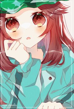 Rule 34 | 1girl, :o, aqua coat, brown eyes, brown hair, bucket hat, coat, green hat, grey background, hat, highres, leaf (pokemon), leaf (sygna suit) (pokemon), long hair, looking at viewer, nintendo, open mouth, pink shirt, pokemon, pokemon masters ex, shirt, simple background, solo, to camellia, upper body, white background