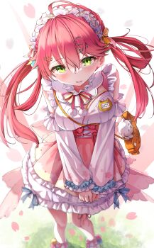 1girl 35p_(sakura_miko) absurdres ahoge breasts detached_sleeves full_body green_eyes hair_between_eyes hair_ornament hair_rings highres hololive japanese_clothes kimono large_breasts lolita_fashion long_hair looking_at_viewer low_twintails maeru maid_headdress name_tag neck_ribbon official_alternate_costume on_grass open_mouth own_hands_together pink_hair pink_ribbon pom_pom_(clothes) ribbon sakura_miko sakura_miko_(new_year) shy sleeveless sleeveless_kimono solo standing twintails virtual_youtuber wa_lolita