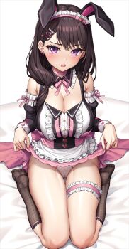 1girl animal_ears bang_dream! bang_dream!_it&#039;s_mygo!!!!! bare_shoulders blush breasts brown_hair cleavage dress fake_animal_ears lambda_(kusowarota) large_breasts long_hair looking_at_viewer open_mouth panties purple_eyes rabbit_ears seiza shiina_taki sitting solo thighs underwear