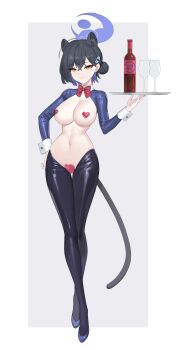 1girl absurdres alcohol animal_ears black_hiphighs blue_archive blue_halo bottle bow bowtie breasts collared_shrug colored_inner_hair commentary_request cup dress drinking_glass extra_ears eyeliner frontless_outfit glass hair_bun hair_ornament halo heart_maebari heart_pasties highres hiphighs holding holding_tray kaguya_(blue_archive) large_breasts latex latex_hiphighs latex_legwear latex_shrug looking_at_viewer maebari makeup multicolored_hair navel panther_ears panther_girl panther_tail pasties playboy_bunny purple_hair red_eyeliner revealing_clothes reverse_bunnysuit reverse_outfit short_hair shrug_(clothing) simple_background single_hair_bun smile solo tail tray weissbeir21 yellow_eyes
