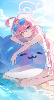 1girl absurdres ahoge beach bikini blue-tinted_eyewear blue_archive commentary_request frilled_bikini frills hair_bobbles hair_ornament halo head_rest heterochromia highres hoshino_(blue_archive) hoshino_(swimsuit)_(blue_archive) huge_ahoge inflatable_toy inflatable_whale long_hair looking_at_viewer low_twintails moka_01 official_alternate_costume pink_hair pink_halo sitting solo sunglasses swimsuit tinted_eyewear twintails wariza white-framed_eyewear white_bikini