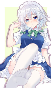 1girl apron blue_eyes blue_skirt blue_vest blush bow braid breasts closed_mouth collared_shirt commentary feet foot_focus green_bow grey_hair hair_bow highres izayoi_sakuya long_hair looking_at_viewer maid maid_headdress medium_breasts puffy_short_sleeves puffy_sleeves shirt short_sleeves sitting skirt solo tanaka_shoushou_fumimaro thighhighs touhou twin_braids vest waist_apron white_apron white_shirt white_thighhighs