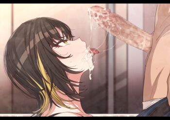 1boy 1girl after_fellatio blonde_hair brown_hair censored commentary_request cum cum_in_mouth cum_on_tongue cum_string erere idolmaster idolmaster_shiny_colors ikaruga_luca letterboxed lying mosaic_censoring multicolored_hair on_side open_mouth penis profile tongue tongue_out two-tone_hair yellow_eyes