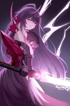 Rule 34 | 1girl, absurdres, ahoge, armor, breasts, commentary, english commentary, glowing, glowing sword, glowing weapon, highres, holding, holding sword, holding weapon, honkai (series), honkai impact 3rd, jinnnnnn23, katana, large breasts, long hair, open mouth, pauldrons, purple eyes, purple hair, raiden mei, raiden mei (herrscher of thunder), shoulder armor, single pauldron, solo, sword, very long hair, weapon