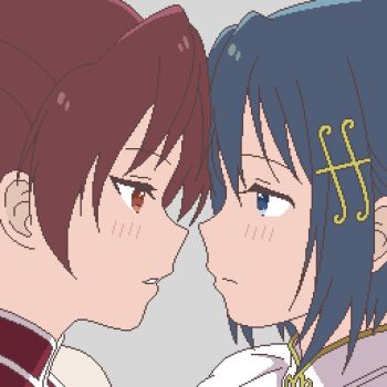 Rule 34 | 2girls, blue eyes, blue hair, closed mouth, collar, fortissimo, gold trim, grey background, hair ornament, high collar, highres, imminent kiss, looking at another, mahou shoujo madoka magica, miki sayaka, miki sayaka (magical girl), multiple girls, musical note, musical note hair ornament, parted lips, pixel art, profile, red collar, red eyes, red hair, sakura kyoko, sakura kyoko (magical girl), short hair, sidelocks, simple background, white collar, yuri, yuru kaze