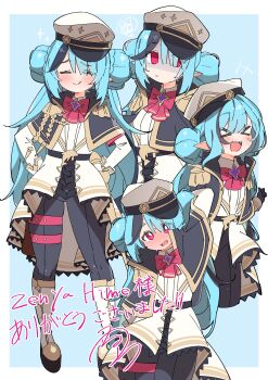 Rule 34 | > <, +++, 1girl, :d, absurdres, arm behind head, belt, belt buckle, black belt, black leggings, black streaks, blank eyes, blue background, blue hair, blush, boots, border, bow, bowtie, bright pupils, buckle, closed eyes, closed mouth, coat, commentary request, commission, cowboy shot, cropped legs, double bun, epaulettes, frilled coat, frills, full body, hair bun, hands on own hips, hat, highres, indie virtual youtuber, jitome, knee boots, leggings, legs apart, long hair, looking at viewer, military uniform, multi-source commentary, multicolored hair, multiple views, no nose, no pupils, nose blush, open mouth, outside border, peaked cap, pink bow, pink bowtie, pink eyes, platform boots, raised inner eyebrows, sharp teeth, signature, simple background, skeb commission, smile, smug, sparkle, squiggle, standing, straight-on, streaked hair, teeth, thank you, thigh strap, upper teeth only, uruti 2388, virtual youtuber, white border, white coat, white hat, white pupils, zenya hima