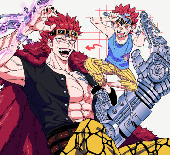 2boys :d abs aged_down arm_up arrow_(symbol) bandaid bandaid_on_arm bandaid_on_face bandaid_on_nose belt black_shirt black_shoes brown_belt buttons chain coat coat_on_shoulders commentary_request dual_persona eustass_kid fangs fur_coat goggles goggles_on_head highres holding holding_toy holding_wrench looking_at_viewer magnetism male_focus mechanical_arms multiple_boys muscular muscular_male one_piece open_clothes open_mouth open_shirt pants patchwork_clothes pectorals red_coat red_eyes red_hair red_lips robot scar scar_across_eye scar_on_arm scar_on_chest scar_on_face scar_on_stomach screw shirt shoes short_hair short_sleeves simple_background single_mechanical_arm smile spiked_hair striped_clothes striped_pants teeth time_paradox torn_clothes torn_pants toy toy_robot unbuttoned unbuttoned_shirt v-shaped_eyebrows veins vertical-striped_clothes vertical-striped_pants white_background wrench yakumo_(ykm) yellow_pants