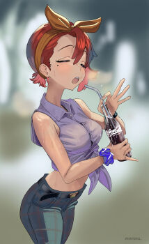 Rule 34 | 1girl, character name, closed eyes, daferq, mole, mole under eye, pants, shirt, sweat, sweatdrop, tied shirt