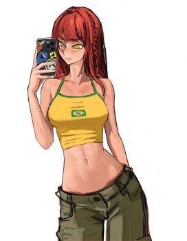 Rule 34 | 1girl, absurdres, blooregard q kazoo, braid, brazilian flag, brazilian flag print, camisole, cellphone, chainsaw man, commentary, english commentary, flag print, foster's home for imaginary friends, green pants, highres, long hair, makima (chainsaw man), navel, pants, phone, pochita (chainsaw man), red hair, ringed eyes, selfie, simple background, smartphone, solo, tefi blum, white background, yellow camisole, yellow eyes