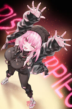 Rule 34 | 1girl, ;d, absurdres, beanie, black jacket, black pants, breasts, commentary, english commentary, full body, hat, headphones, headphones around neck, highres, hololive, hololive english, jacket, kamiya maneki, large breasts, long sleeves, looking at viewer, looking up, mori calliope, mori calliope (the story thus far), official alternate costume, official alternate hairstyle, one eye closed, open mouth, outstretched arms, pants, pink eyes, pink hair, shoes, smile, sneakers, solo, standing, torn clothes, torn pants, virtual youtuber, white shoes