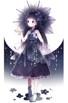 1girl adapted_costume bare_arms black_hair blue_bow blue_bowtie blue_eyes blue_kimono blue_nails blue_skirt blue_umbrella blunt_bangs bow bowtie braid bright_galaxy_(miracle_nikki) cape closed_mouth dot_nose expressionless eyelashes frilled_bow frilled_bowtie frilled_skirt frilled_socks frills full_body hair_bow high-waist_skirt highres holding holding_star holding_umbrella japanese_clothes kimono light_blush light_frown long_hair looking_at_object medium_skirt melling_rl miracle_nikki nail_polish nikki_(series) oil-paper_umbrella outline pleated_skirt print_skirt print_umbrella see-through_cape shoes single_braid skirt sky sleeveless sleeveless_kimono socks solo standing star_(sky) star_(symbol) star_print starry_sky starry_sky_print straight_hair striped_bow striped_bowtie striped_clothes tareme umbrella very_long_hair waist_bow white_background white_cape white_outline white_shoes white_socks