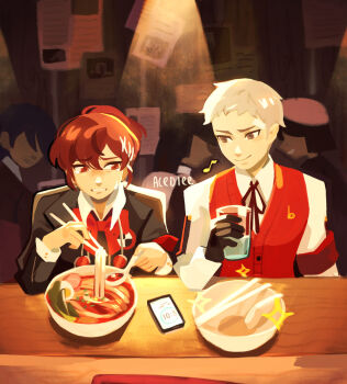 1boy 1girl acediee armband artist_name black_gloves bow bowl bowtie brown_eyes brown_hair cellphone chopsticks closed_mouth collared_shirt commentary cup english_commentary food gekkoukan_high_school_uniform glass gloves grey_hair hair_ornament hairclip highres holding holding_cup in-universe_location indoors long_sleeves looking_at_another looking_to_the_side musical_note noodles persona persona_3 persona_3_portable phone ramen red_armband red_bow red_bowtie red_eyes red_vest restaurant revision sanada_akihiko school_uniform shiomi_kotone shirt short_hair signature sitting smartphone smile table tears upper_body vest white_shirt