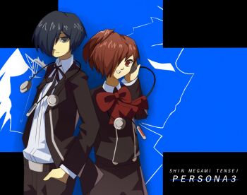 1boy 1girl black_jacket black_pants black_skirt blue_background blue_hair bow bowtie brown_eyes brown_hair chou_shittou_caduceus closed_mouth collared_shirt copyright_name derivative_work digital_media_player frown gekkoukan_high_school_uniform grey_eyes hair_over_one_eye hand_in_pocket headphones headphones_around_neck jacket long_sleeves looking_at_viewer open_mouth pants persona persona_3 persona_3_portable red_bow red_bowtie sasibowol school_uniform shiomi_kotone shirt short_hair simple_background skirt smile standing white_shirt yuuki_makoto_(persona_3)