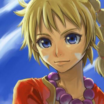 1girl blonde_hair blue_eyes chrono_(series) chrono_cross closed_mouth female_focus jewelry kid_(chrono_cross) multi-tied_hair namae_kide necklace nyaasora pearl_necklace ponytail smile solo spiked_hair upper_body