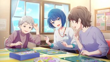 Rule 34 | 3girls, :d, adjusting eyewear, black-framed eyewear, blue eyes, blurry, bokeh, breasts, brown eyes, brown hair, chair, colorful palette, curtains, depth of field, flower, game cg, glasses, grey hair, hexagon, highres, holding pliers, kiritani haruka, lanyard, lead to shine more (project sekai), looking at another, looking at viewer, multiple girls, official art, old, old woman, open mouth, plate, pliers, profile, project sekai, purple shirt, purple vest, shirt, smile, third-party source, tongue, translation request, vest, white flower, white shirt, window