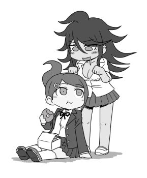 2girls asahina_aoi blush blush_stickers box breasts cleavage closed_mouth collared_shirt commentary_request danganronpa:_trigger_happy_havoc danganronpa_(series) danganronpa_2:_goodbye_despair dark-skinned_female dark_skin donut drooling eating eyelashes food greyscale hair_ornament hairclip holding holding_donut holding_food hungry jacket long_hair long_sleeves monochrome multiple_girls namu_(nurui_cha) neck_ribbon open_clothes open_jacket open_mouth owari_akane ponytail ribbon saliva shirt shoes simple_background sitting skirt socks standing white_background