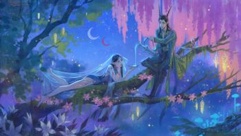 1boy 1girl bare_legs black_hair blue_dress boots dress elf eyeshadow flower highres horns jar jewelry kutty-sark lipstick long_hair makeup moon night original pointy_ears sitting smile star_(sky) tree veil water